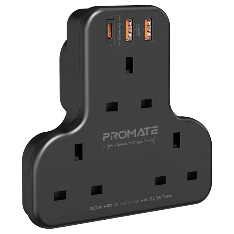 Promate Power Strip, 6-in-1 multi-Plug Wall Mounted Power Extension with 3250W 3 AC Outlets, Black