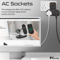 Promate Power Strip, 6-in-1 multi-Plug Wall Mounted Power Extension with 3250W 3 AC Outlets, Black