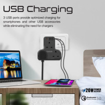Promate Power Strip, 6-in-1 multi-Plug Wall Mounted Power Extension with 3250W 3 AC Outlets, Black