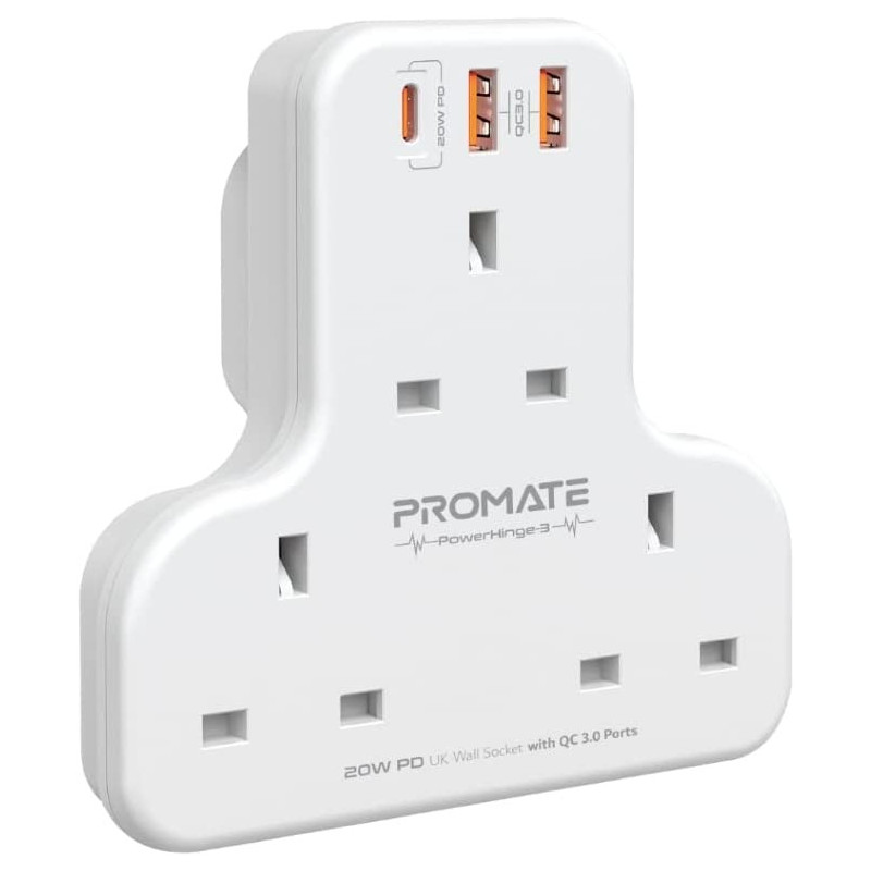 Promate Power Strip, 6-in-1 multi-Plug Wall Mounted Power Extension with 3250W 3 AC Outlets, White