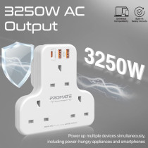 Promate Power Strip, 6-in-1 multi-Plug Wall Mounted Power Extension with 3250W 3 AC Outlets, White