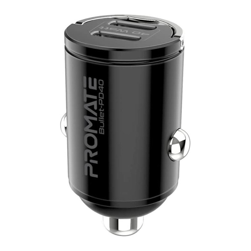Promate USB-C Car Charger, Ultra-Compact Fast 40W Power Delivery Adapter with Dual USB-C Ports