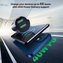 Promate USB-C Car Charger, Ultra-Compact Fast 40W Power Delivery Adapter with Dual USB-C Ports