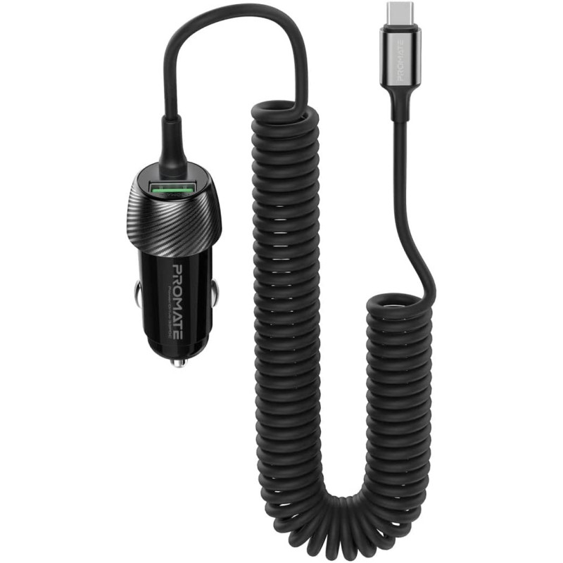 Promate USB-C Car Charger with Cable, Universal 33W Power Delivery DC Charger with Built-In Type-C Coiled Cord
