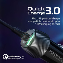 Promate USB-C Car Charger with Cable, Universal 33W Power Delivery DC Charger with Built-In Type-C Coiled Cord