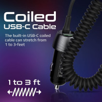 Promate USB-C Car Charger with Cable, Universal 33W Power Delivery DC Charger with Built-In Type-C Coiled Cord