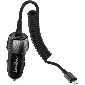 Promate Car Charger with Cable, 33W Power Delivery DC Charger with Built-In Lightning Charging Coiled Cord, Black