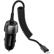Promate Car Charger with Cable, 33W Power Delivery DC Charger with Built-In Lightning Charging Coiled Cord, Black