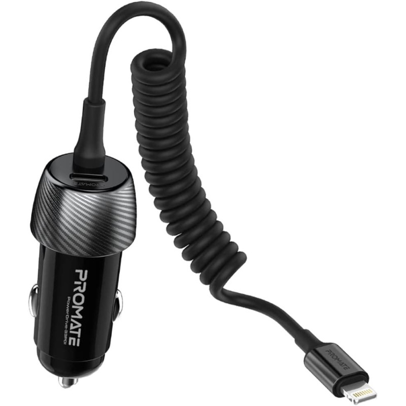Promate Car Charger with Cable, 33W Power Delivery DC Charger with Built-In Lightning Charging Coiled Cord, Black