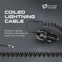 Promate Car Charger with Cable, 33W Power Delivery DC Charger with Built-In Lightning Charging Coiled Cord, Black