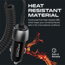 Promate Car Charger with Cable, 33W Power Delivery DC Charger with Built-In Lightning Charging Coiled Cord, Black