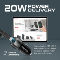 Promate Car Charger with Cable, 33W Power Delivery DC Charger with Built-In Lightning Charging Coiled Cord, Black