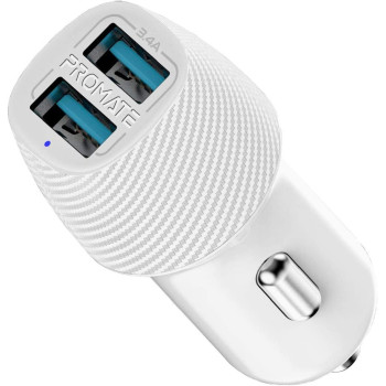 Promate Car Charger, Ultra-Compact Smart Dual USB Car Charger with 3.4A Fast Charging Car Adapter (White)
