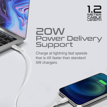 Promate USB-C to Lightning Cable, Apple MFi Certified Lightning Cable with 20W Power Delivery, White