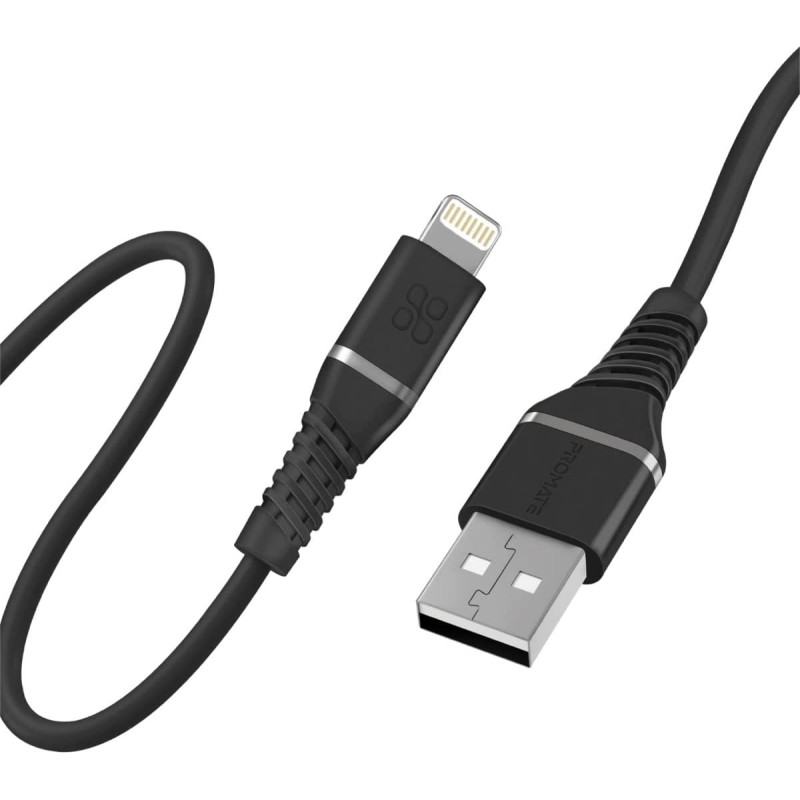 Promate USB-A to Lightning Cable, High Tensile 2.4A Super-Fast USB-A to Lightning Charger, Black