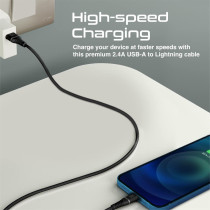 Promate USB-A to Lightning Cable, High Tensile 2.4A Super-Fast USB-A to Lightning Charger, Black