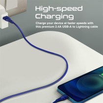 Promate USB-A to Lightning Cable, High Tensile 2.4A Super-Fast USB-A to Lightning Charger with 480 Mbps, Blue