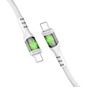 Promate USB-C to USB-C Cable, Premium 60W Power Delivery Type-C Cable with Transparent Shells, White