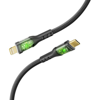 Promate USB-C to Lightning Cable, Premium 27W Power Delivery Lightning Cable with Transparent Shells, Black