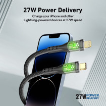 Promate USB-C to Lightning Cable, Premium 27W Power Delivery Lightning Cable with Transparent Shells, Black