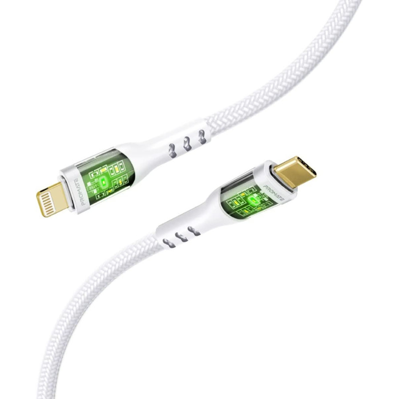 Promate USB-C to Lightning Cable, Premium 27W Power Delivery Lightning Cable with Transparent Shells, White