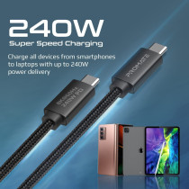 Promate USB-C Cable, Ultra HD 8k 60hz USB4 Type-C Cable with 240W Power Delivery