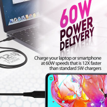Promate USB-C To USB-C Cable, Premium 60W Power Delivery Fast Charging Type-C Cable with 480Mbps, Black