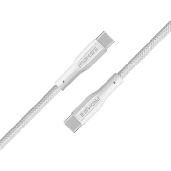 Promate USB-C to USB-C Cable, Premium 60W Power Delivery Fast Charging Type-C Cable Anti-Tangle Silicone Cord, White