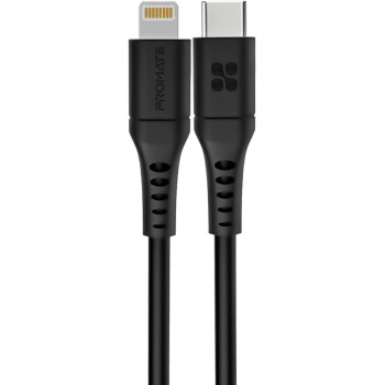 Promate USB-C to Lightning Cable, Fast-Charging 20W Power Delivery Type-C to Lightning Soft Silicone Cord, Black