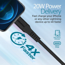 Promate USB-C to Lightning Cable, Fast-Charging 20W Power Delivery Type-C