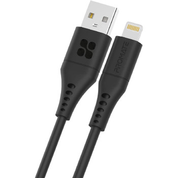Promate USB-A to Lightning Cable, Durable 2.4A USB-A to Lightning Charging Cable with 480 Mbps Data Sync, Black