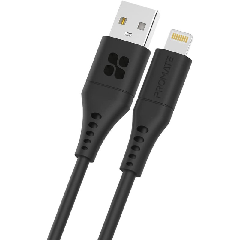Promate USB-A to Lightning Cable, Durable 2.4A USB-A to Lightning Charging Cable with 480 Mbps Data Sync, Black