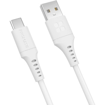 Promate USB to USB-C Cable, Durable Silicone Type-C Charging Cable with 3A Fast Charging, White