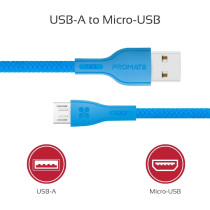 Promate Fast Charging Micro-USB Cable, Premium 2A Android High-Speed Sync and Charge Cord, Blue