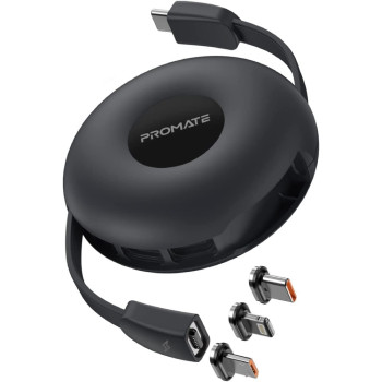 Promate Magnetic Charging Cable, 3-in-1 Retractable USB-C Charging Cable with 60W USB-C, Quiver Black