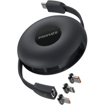 Promate Magnetic Charging Cable, 3-in-1 Retractable USB-C Charging Cable with 60W USB-C, Quiver Black