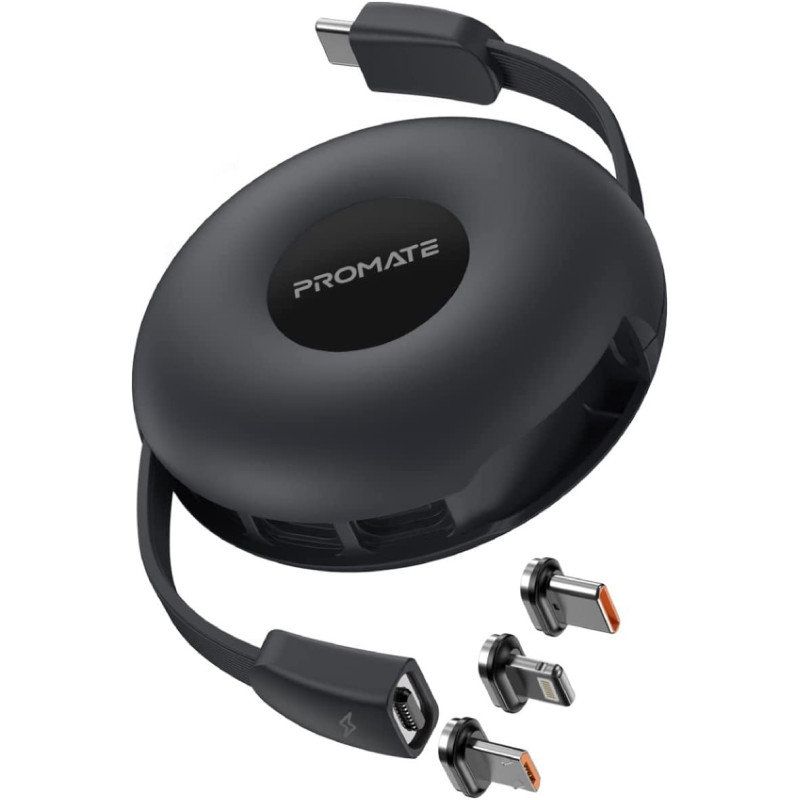 Promate Magnetic Charging Cable, 3-in-1 Retractable USB-C Charging Cable with 60W USB-C, Quiver Black