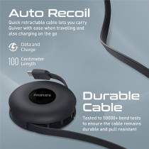 Promate Magnetic Charging Cable, 3-in-1 Retractable USB-C Charging Cable with 60W USB-C, Quiver Black