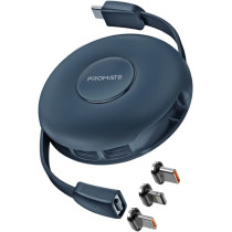 Promate Magnetic Charging Cable, 3-in-1 Retractable USB-C, Charging Cable with 60W USB-C, Quiver Blue