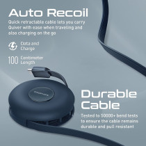 Promate Magnetic Charging Cable, 3-in-1 Retractable USB-C, Charging Cable with 60W USB-C, Quiver Blue