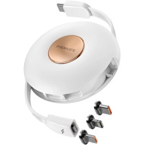 Promate Magnetic Charging Cable, 3-in-1 Retractable USB-C, Charging Cable with 60W USB-C, Quiver White
