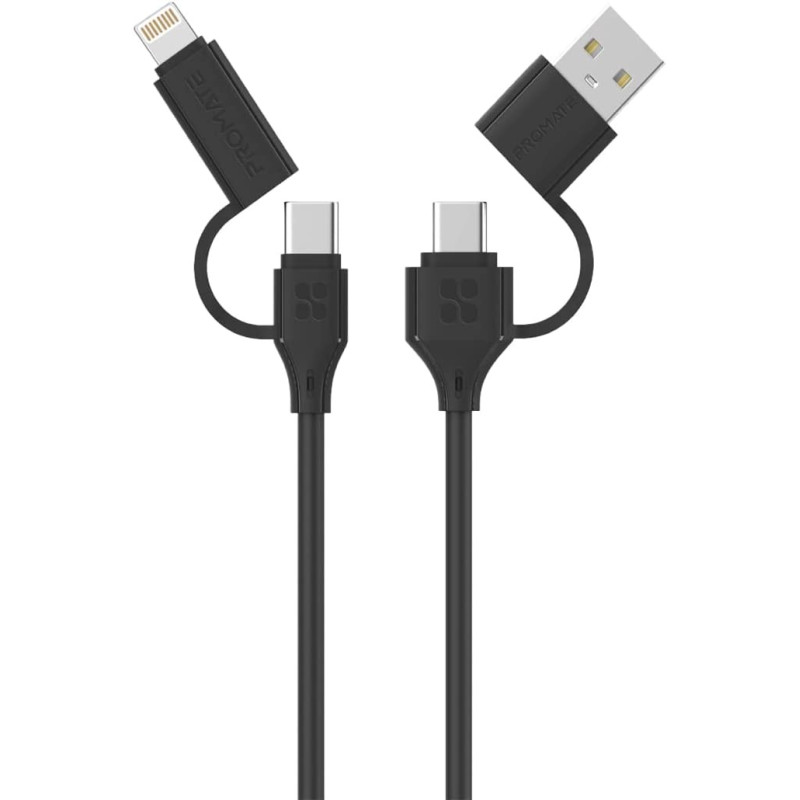 Promate Charging Cable, 4-in-1 60W USB-C Power Delivery Charger with USB-A Cable, Black