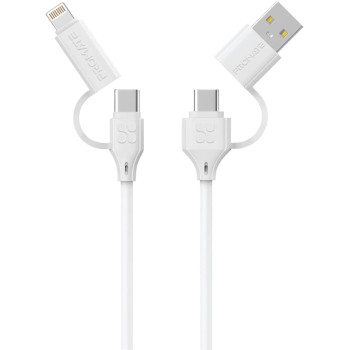 Promate Charging Cable, 4-in-1 60W USB-C Power Delivery Charger with USB-A Cable, QuadCord-PD60 White