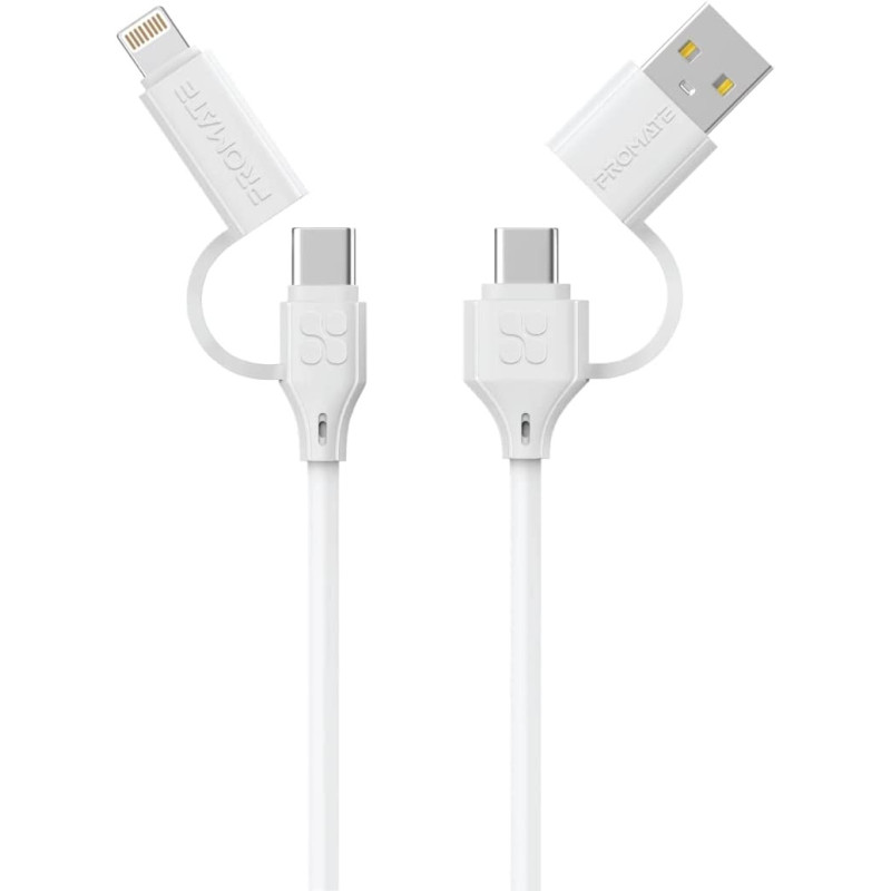 Promate Charging Cable, 4-in-1 60W USB-C Power Delivery Charger with USB-A Cable, QuadCord-PD60 White