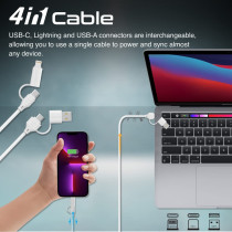 Promate Charging Cable, 4-in-1 60W USB-C Power Delivery Charger with USB-A Cable, QuadCord-PD60 White