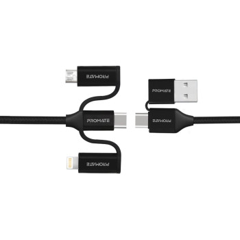 Promate 6-In-1 Multi Charging Cable, Lightning, USB-C, Micro USB Connectors to USB-A and USB-C Fast Sync,Black