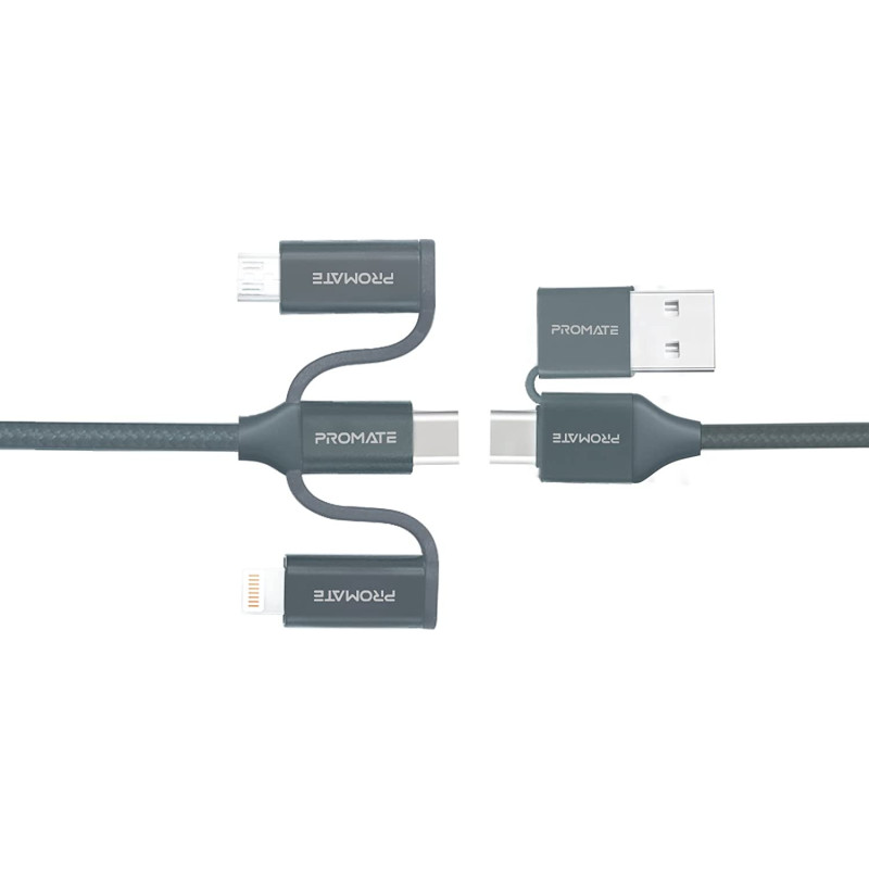 Promate 6-In-1 Multi Charging Cable, Lightning, USB-C, Micro USB Connectors to USB-A and USB-C, PentaPower Grey