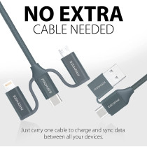 Promate 6-In-1 Multi Charging Cable, Lightning, USB-C, Micro USB Connectors to USB-A and USB-C, PentaPower Grey