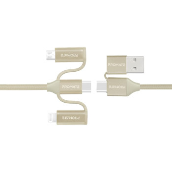 Promate 6-In-1 Multi Charging Cable, Lightning, USB-C, Micro USB Connectors to USB-A and USB-C, PentaPower Gold