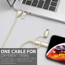 Promate 6-In-1 Multi Charging Cable, Lightning, USB-C, Micro USB Connectors to USB-A and USB-C, PentaPower Gold